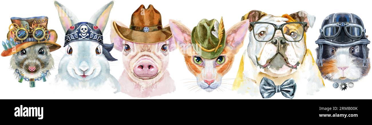 Bordure pour animaux de compagnie. Dessin aquarelle peint à la main, isoler clip art sur fond blanc. Conception de bannière Banque D'Images