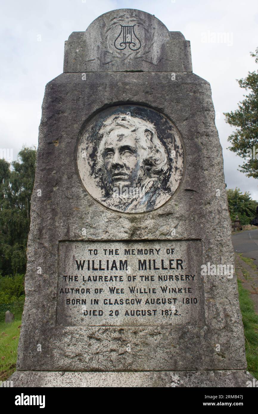 La tombe du poète William Miller qui a écrit la comptine Wee Willie Winkie Glasgow Necropolis. Un cimetière victorien à Glasgow, en Écosse Banque D'Images