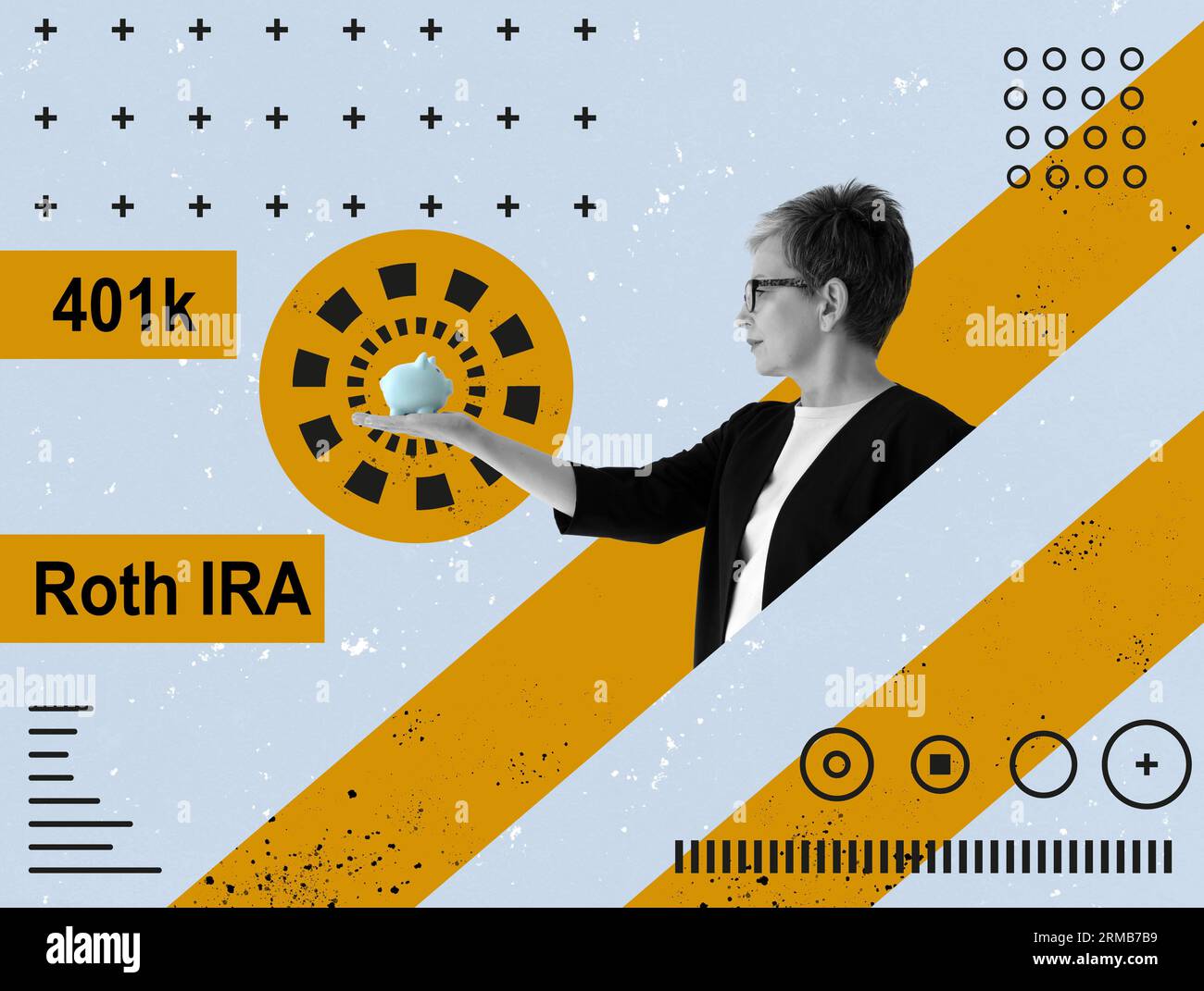 Une femme tient une tirelire à côté des inscriptions 401k et Roth ira. Collage abstrait. Banque D'Images