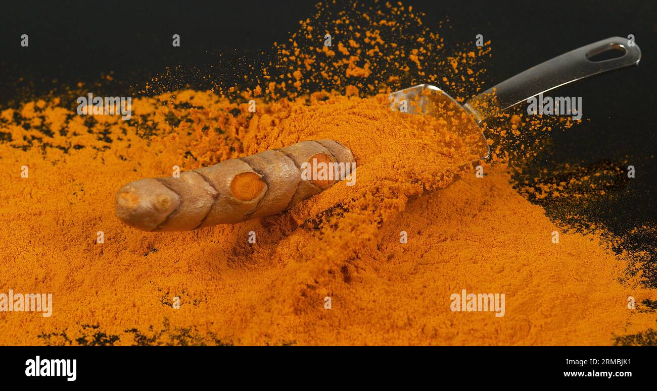 Curcuma, curcuma longa, racine tombant sur poudre de curcuma, épices indiennes Banque D'Images