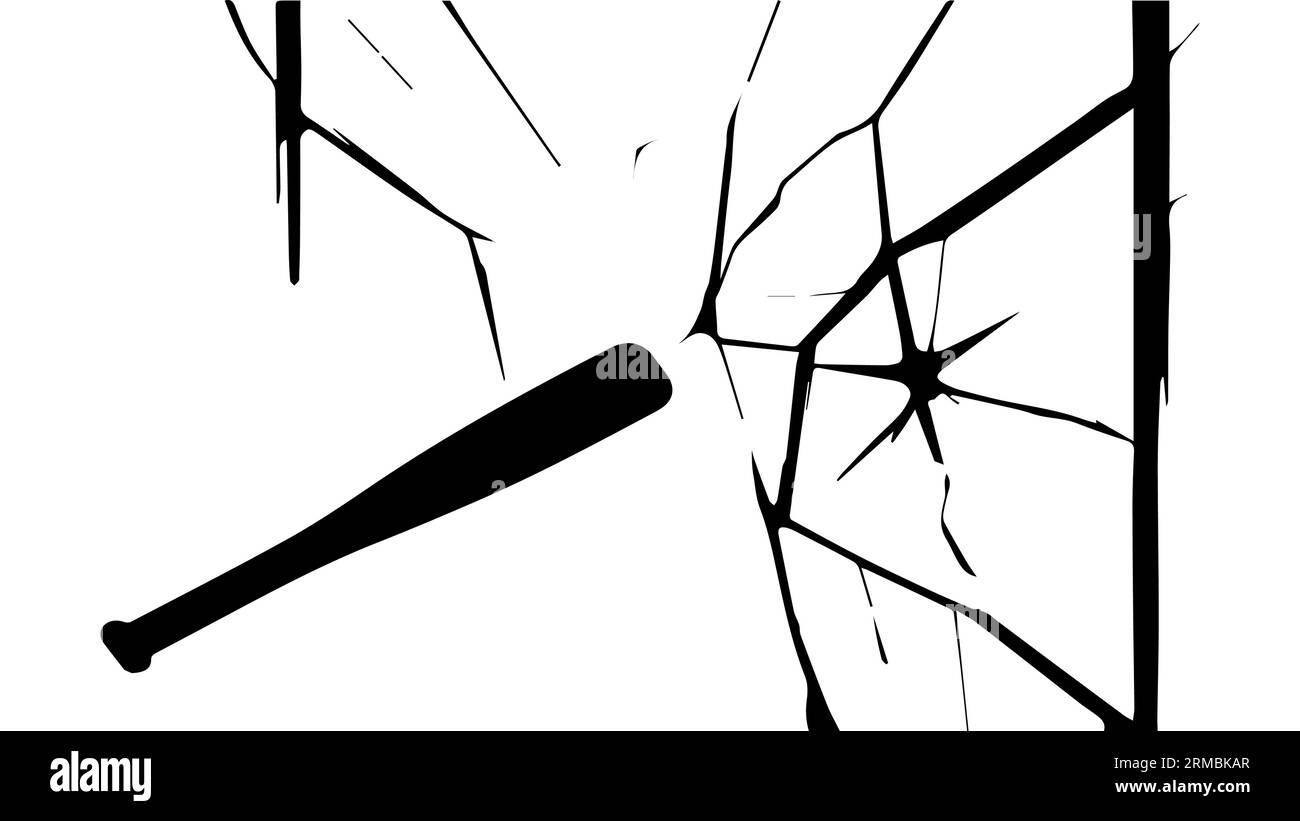 Vandalisme, hooliganisme. Une batte de baseball brise une fenêtre de verre, la fenêtre se fissure. Crime de rue, agression, dégâts, vol. Vecteur. Silhouette. Noir Illustration de Vecteur
