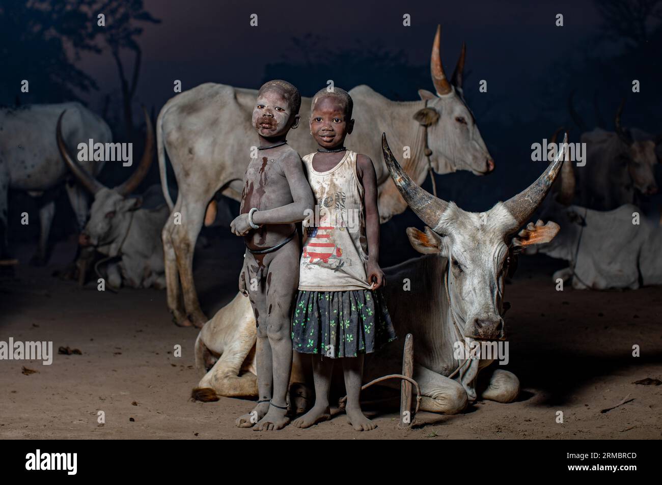 Enfants Mundari avec des vaches dans le camp de Mundari la nuit Banque D'Images