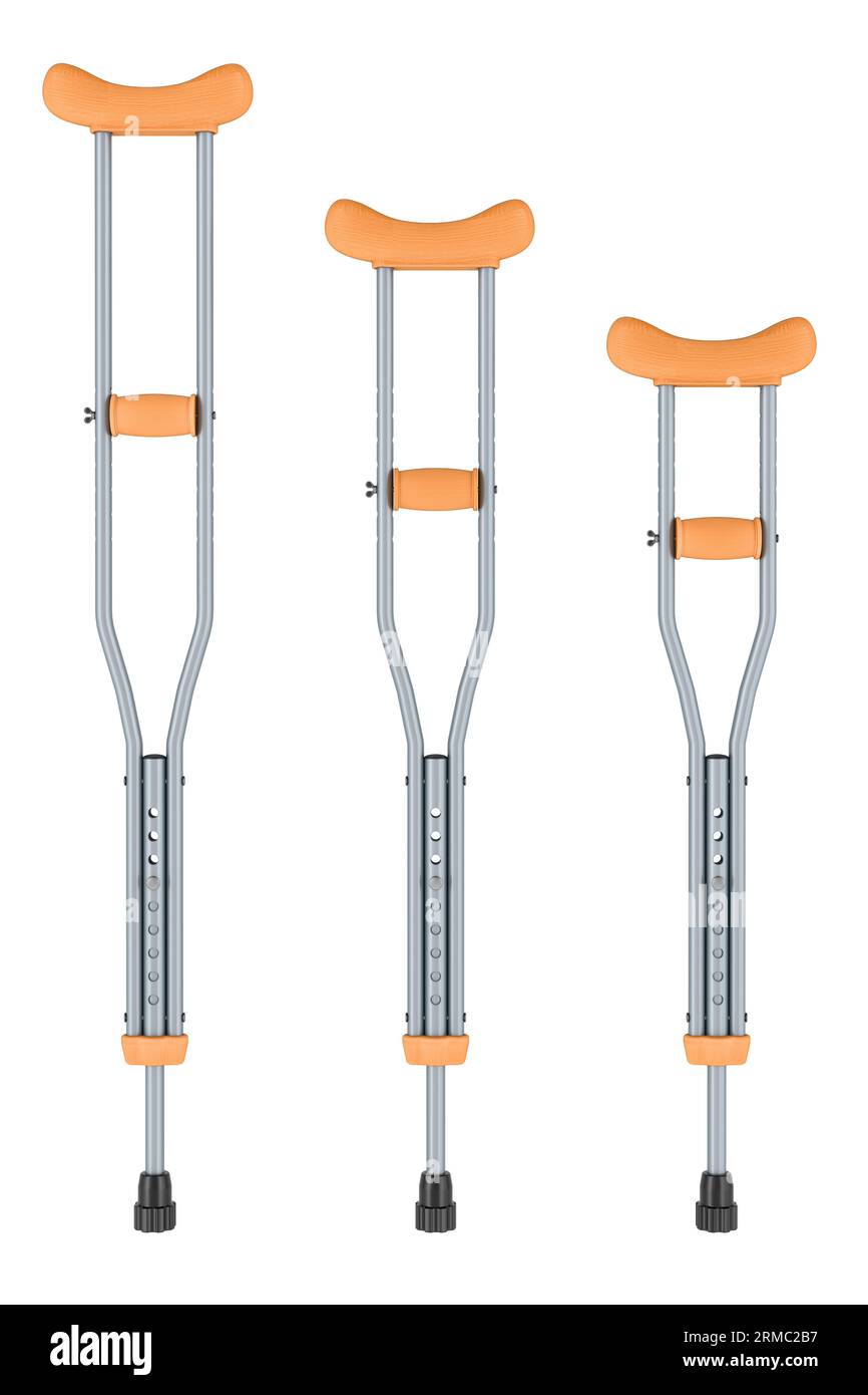 Béquilles légères sous les bras avec réglage de la hauteur, taille différente. Rendu 3D isolé sur fond blanc Banque D'Images