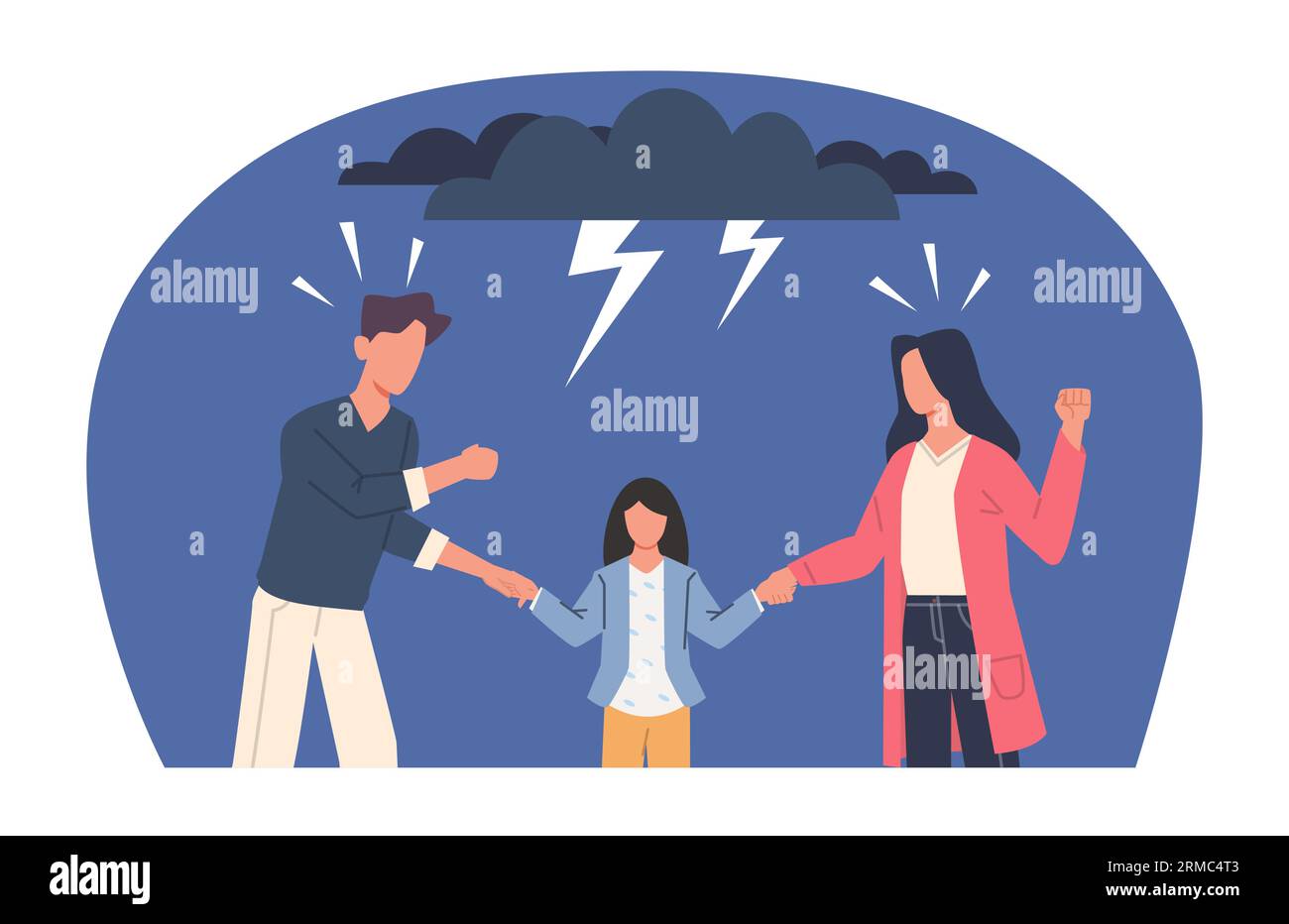 Enfant pris entre parents divorcés luttant pour la garde de l'enfant. Famille malheureuse, désaccord de couple, malentendu de la femme et du mari. Dessin animé Illustration de Vecteur