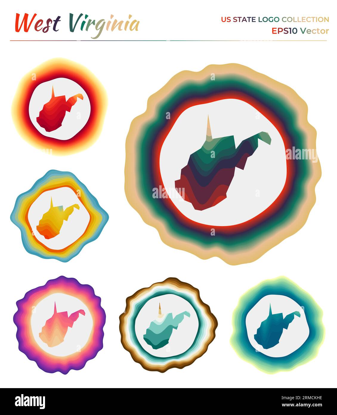 Collection de logo West Virginia. Badge coloré de l'état américain. Couches autour de la forme de la frontière de Virginie-occidentale. Illustration vectorielle. Illustration de Vecteur