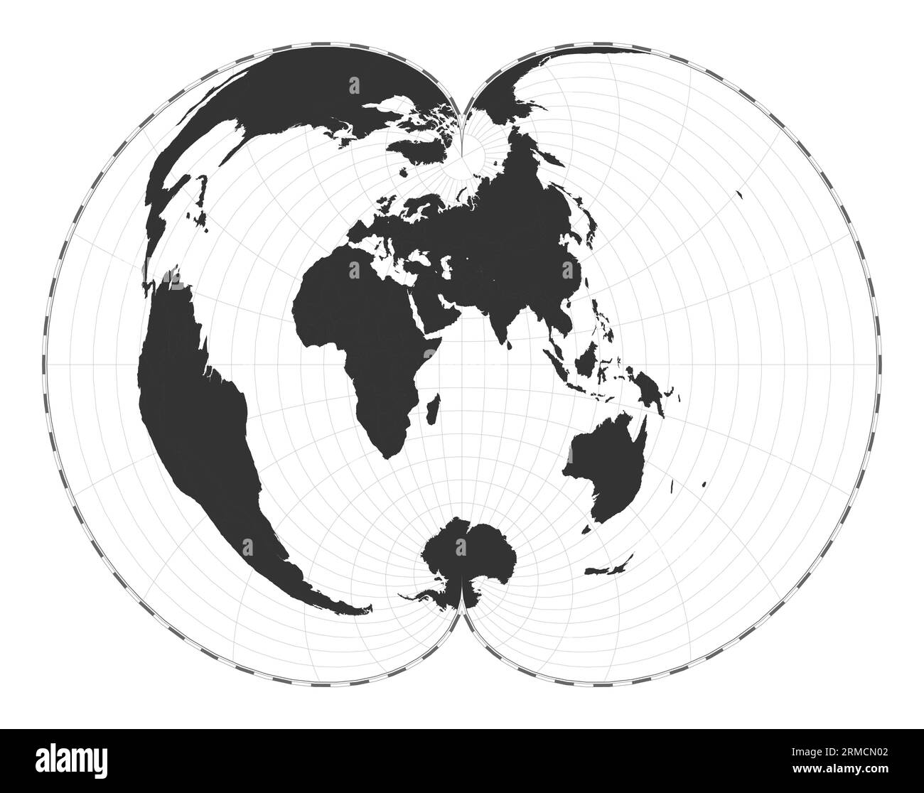 Carte du monde vectorielle. Projection polyconique américaine. Carte géographique du monde simple avec les lignes de latitude et de longitude. Centré sur 60 degrés de longitude O. Illustration de Vecteur