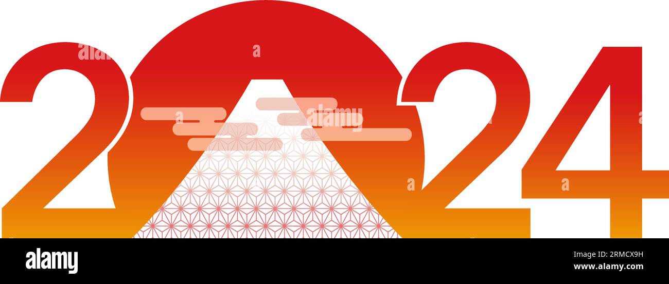 Le symbole de salutation du nouvel an 2024 avec Mt. Fuji au premier lever du soleil. Illustration vectorielle isolée sur Un fond blanc. Illustration de Vecteur