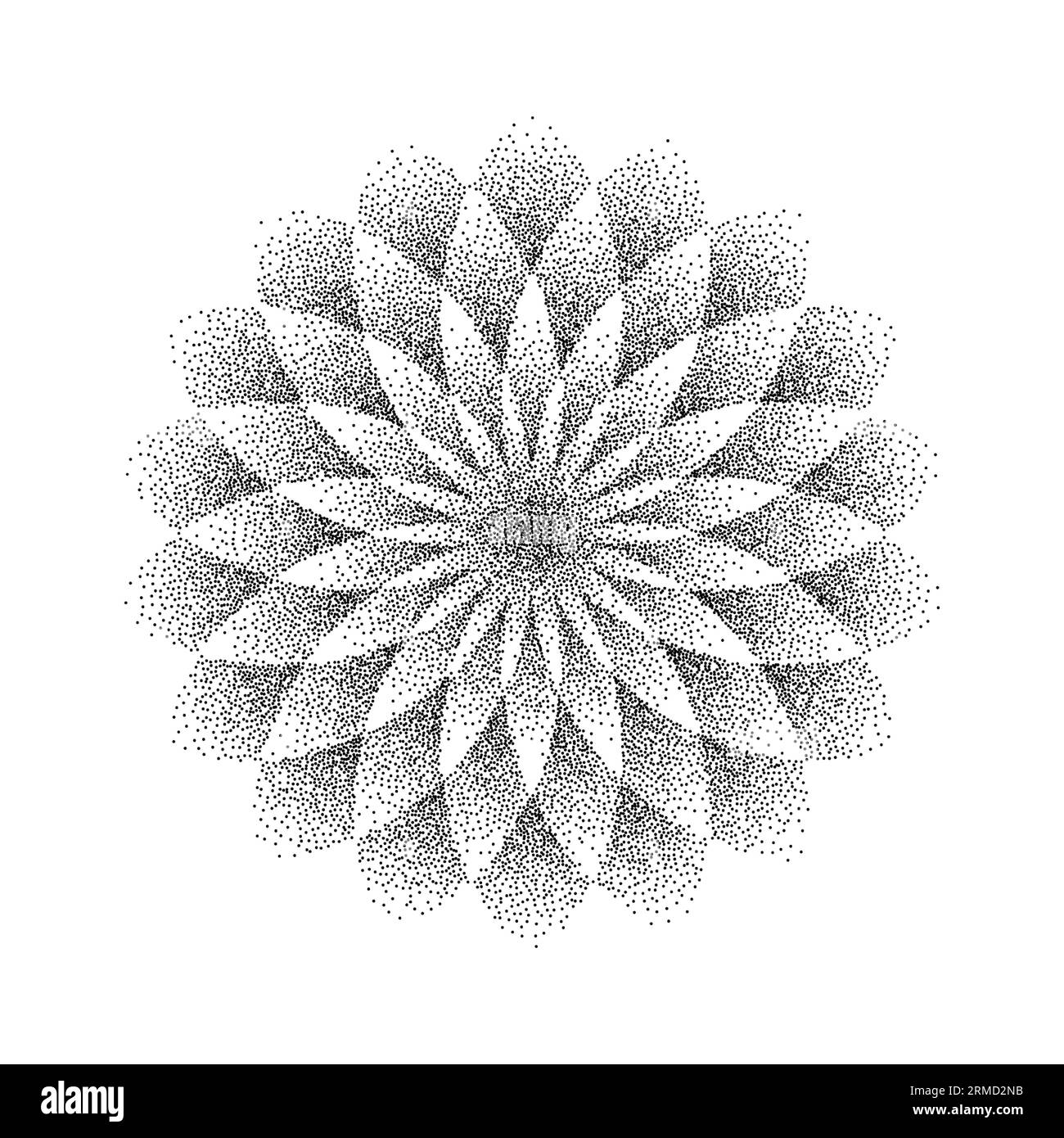 Fond de fleur de stipple. Mandala orné de pois. Forme du grain de bruit. Décoration de pétales floraux noir pixel. Conception radiale de motif dotwork pour tatouage, affiche, vêtements, badge, autocollant. Vecteur Illustration de Vecteur