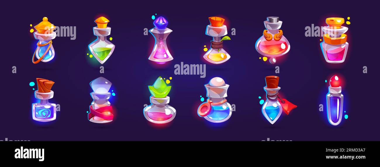 Jeu d'actifs ensemble de bouteilles en verre avec potion magique et élixir. Illustration vectorielle de dessins animés de flacons avec des sorts de couleur néon lumineux. Wizard ou alchimiste flacons transparents avec poison et antidote. Illustration de Vecteur