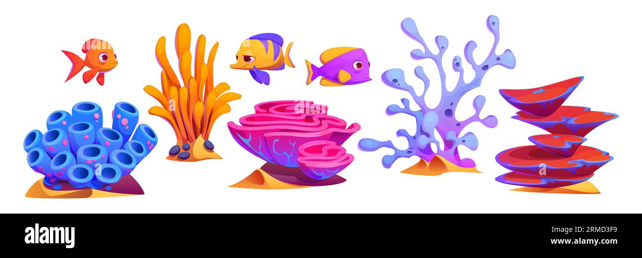 Plantes et animaux sous-marins - algues de couleur vive et algues, coraux et récifs, poissons. Ensemble d'illustration vectorielle de dessin animé d'aquarium ou d'océan et de créatures marines. Éléments tropicaux de la vie marine. Illustration de Vecteur