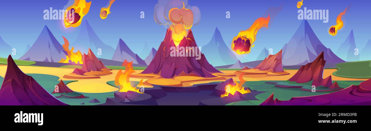Illustration de dessin animé d'éruption de lave de feu de volcan. Explosion de magma volcanique avec pluie d'astéroïde sur fond de paysage ancien. Terre chaude d'extinction pour la conception de dessin de jeu d'aventure de préhistoire Illustration de Vecteur