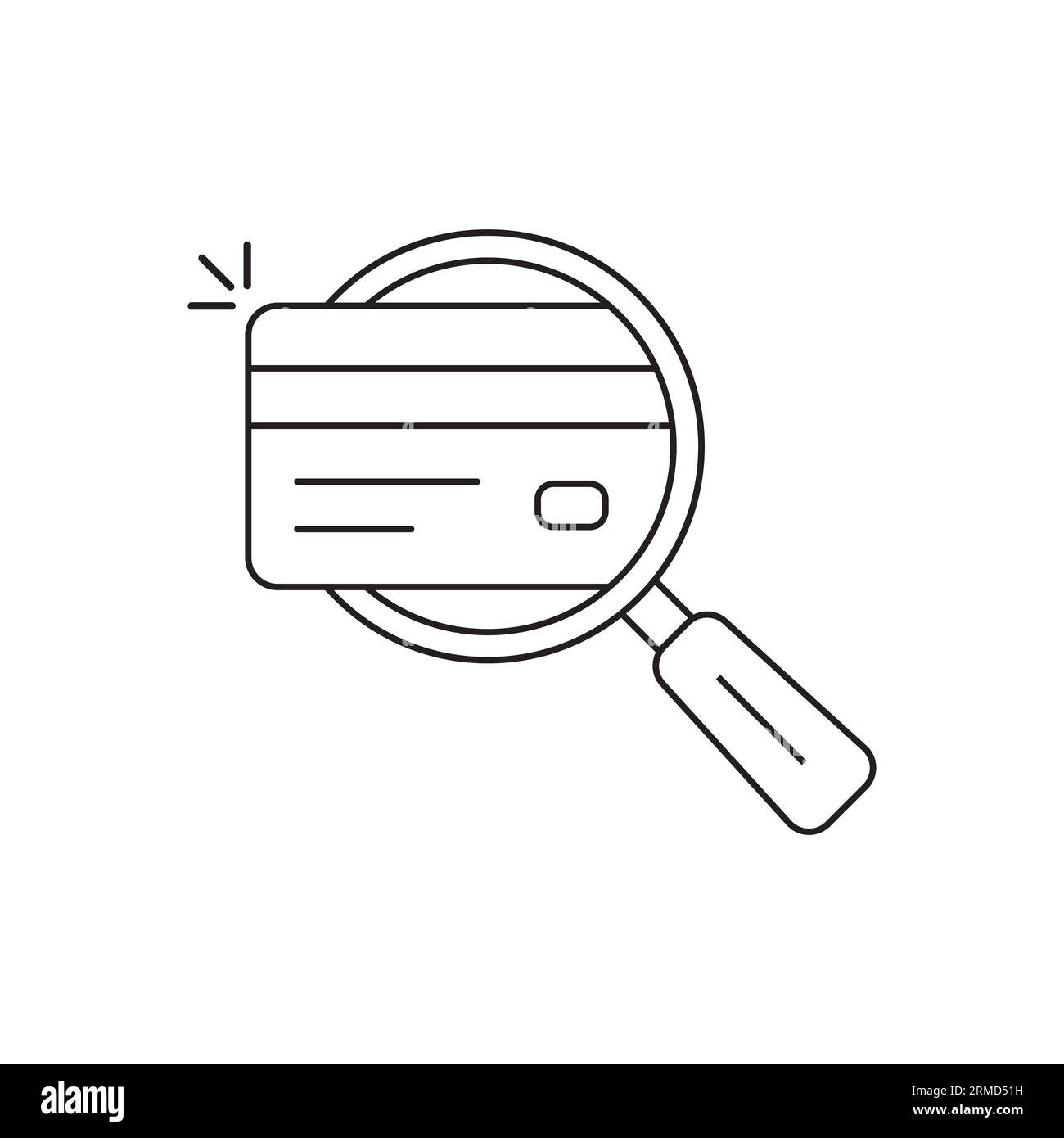 carte de crédit ligne mince avec loupe noire. concept de détection des risques bancaires ou de falsification des chèques. contour plat tendance logotype graphi moderne Illustration de Vecteur