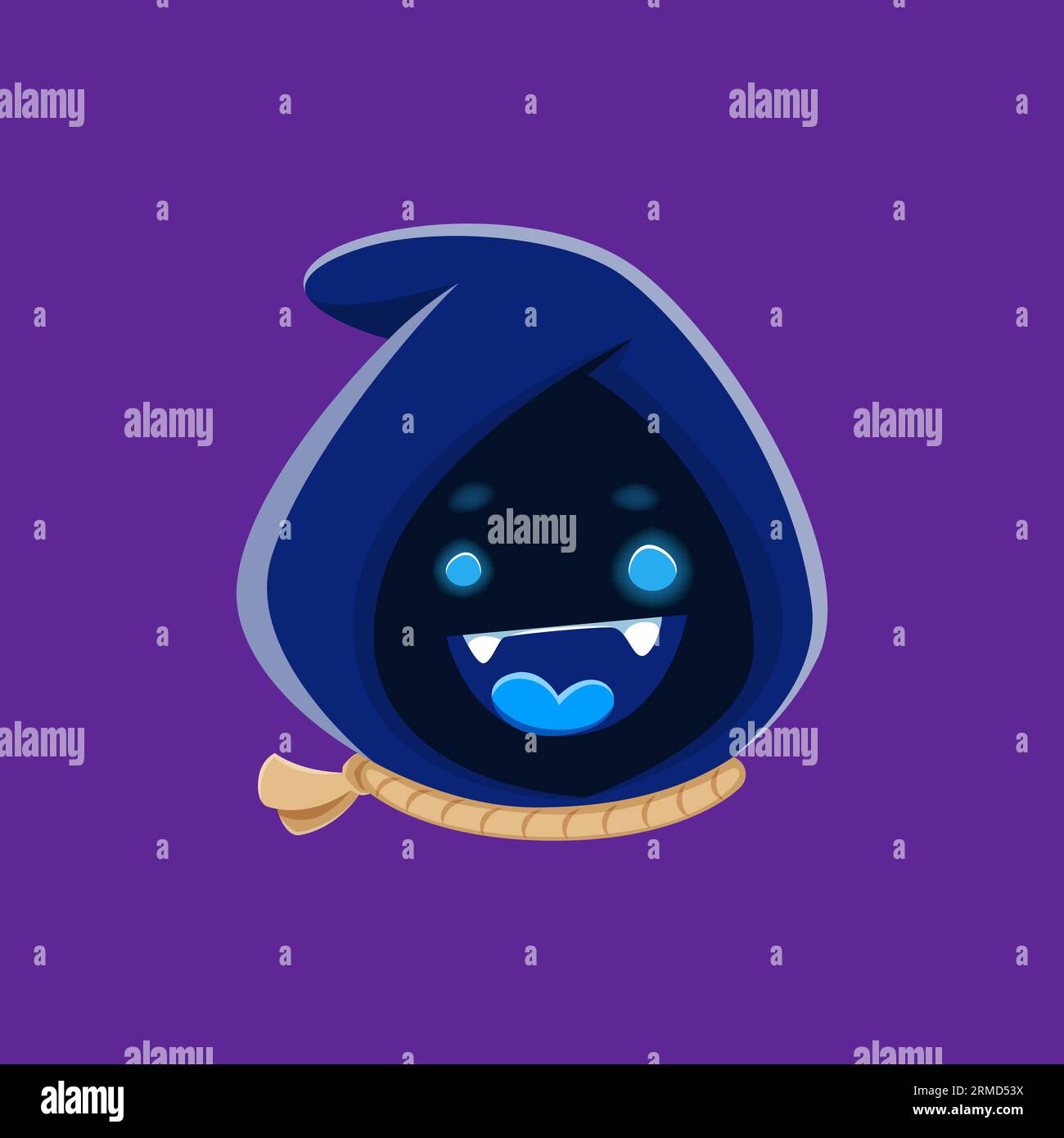 Personnage emoji de dessin animé Halloween portant une capuche et une corde autour de son cou, exsudant une ambiance effrayante et espiègle. Vecteur isolé boucher ou monstre f Illustration de Vecteur