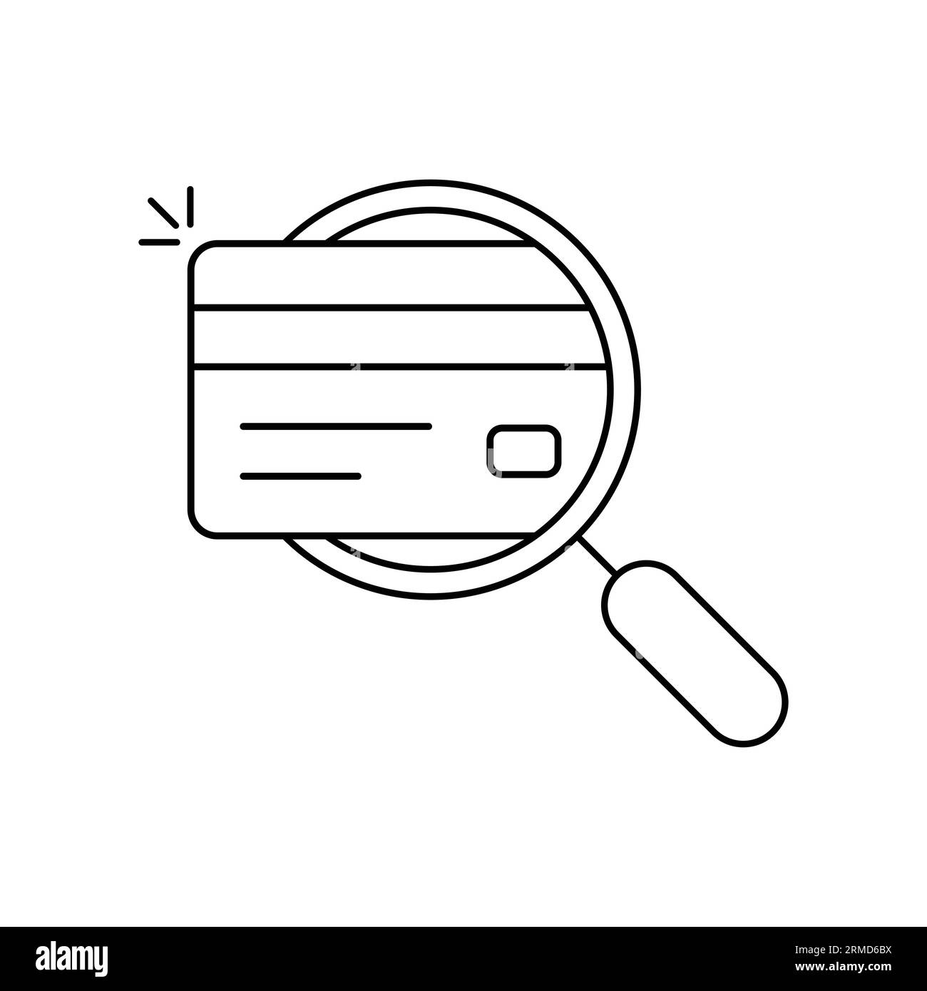 carte de crédit ligne mince avec loupe noire. concept de détection des risques bancaires ou de falsification des chèques. contour plat tendance logotype graphi moderne Illustration de Vecteur