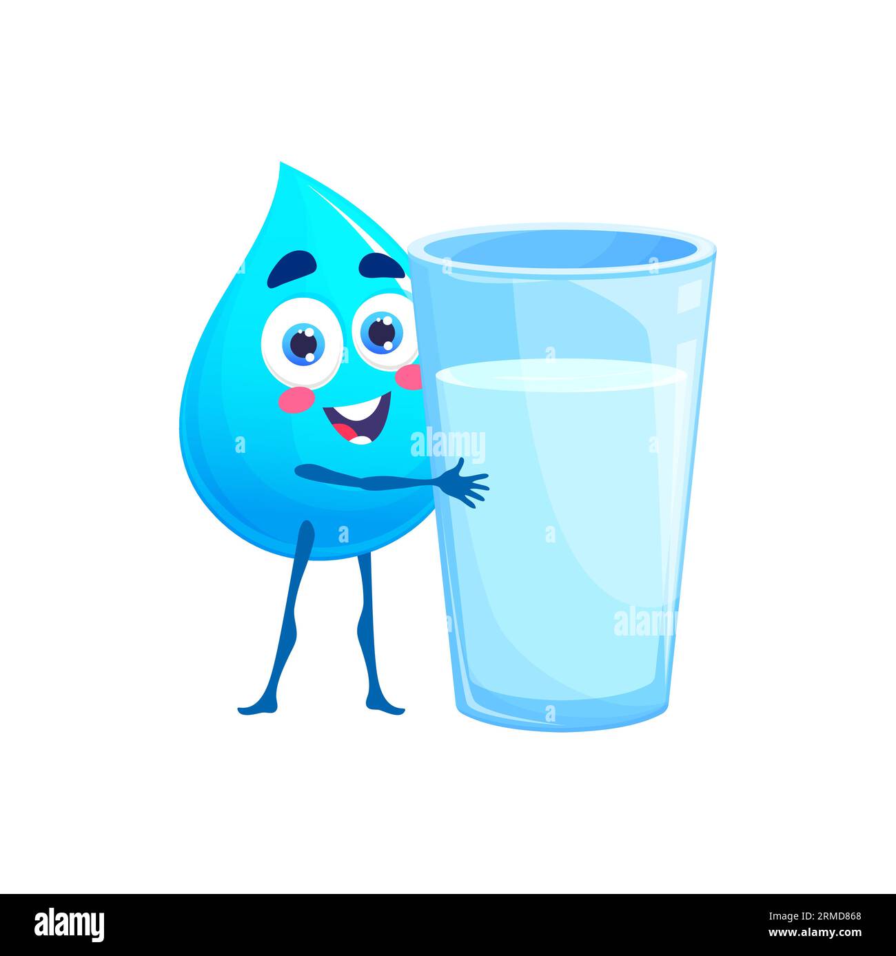 Personnage de goutte d'eau heureuse de dessin animé avec verre. Gouttelette d'eau bleue, goutte à goutte de liquide frais ou humidité pure, caractère heureux de vecteur isolé de goutte. Nettoyer aqu Illustration de Vecteur