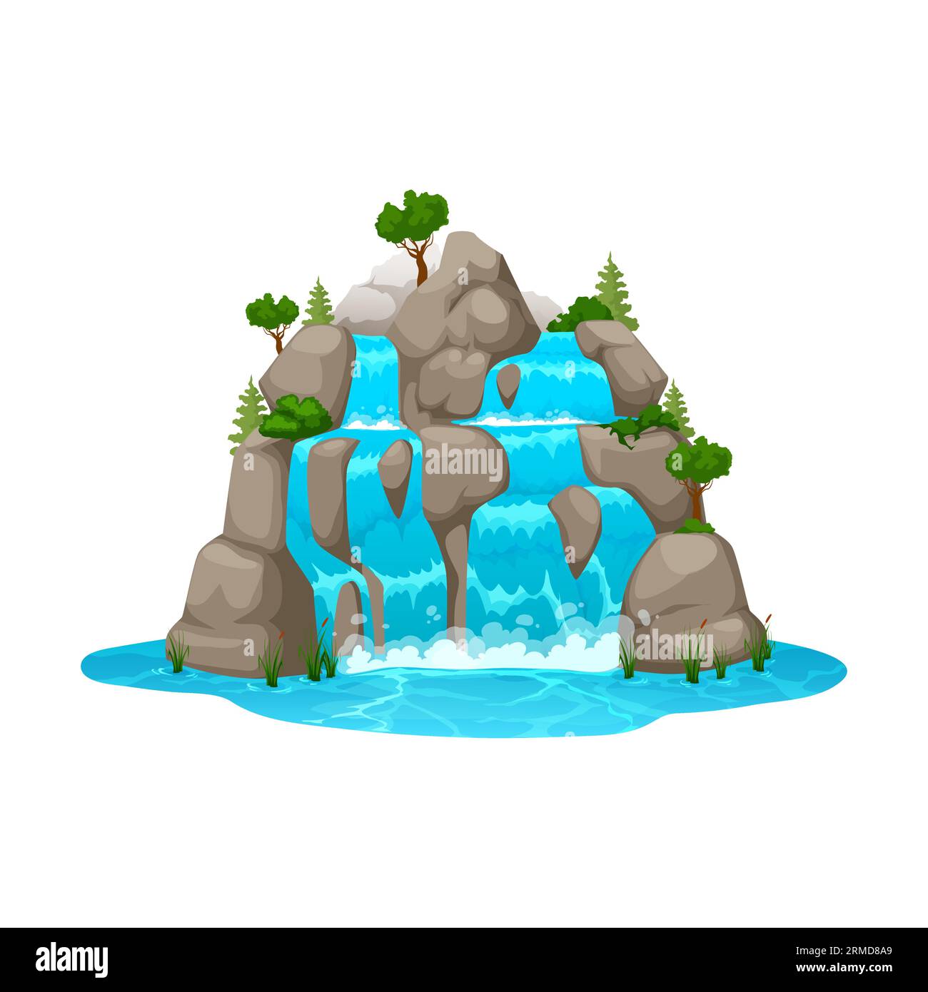 Cascade de dessin animé et cascade d'eau de rivière de montagne, paysage de nature vectorielle. Ruisseaux d'eau coulant sur les pierres au lac bleu avec éclaboussures, gouttes, W Illustration de Vecteur Cascade de dessin animé et cascade d'eau de rivière de montagne, paysage de nature vectorielle. Ruisseaux d'eau coulant sur les pierres au lac bleu avec éclaboussures, gouttes, W Illustration de Vecteur