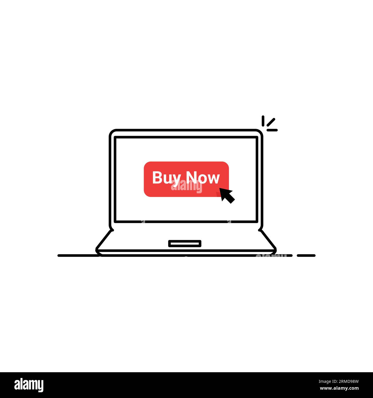 bouton red buy now dans un ordinateur portable linéaire. concept de prise de décision facile du client ou de précommande et badge pour le commerce électronique en ligne. flat simple cpc logoy Illustration de Vecteur