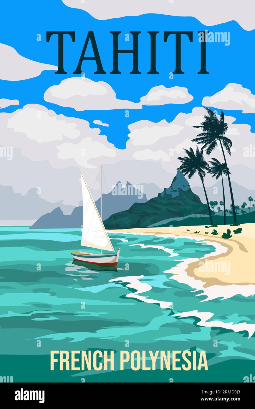 Station d'affiches de voyage à Tahiti. Station balnéaire paradisiaque de Polynésie française, Illustration de Vecteur