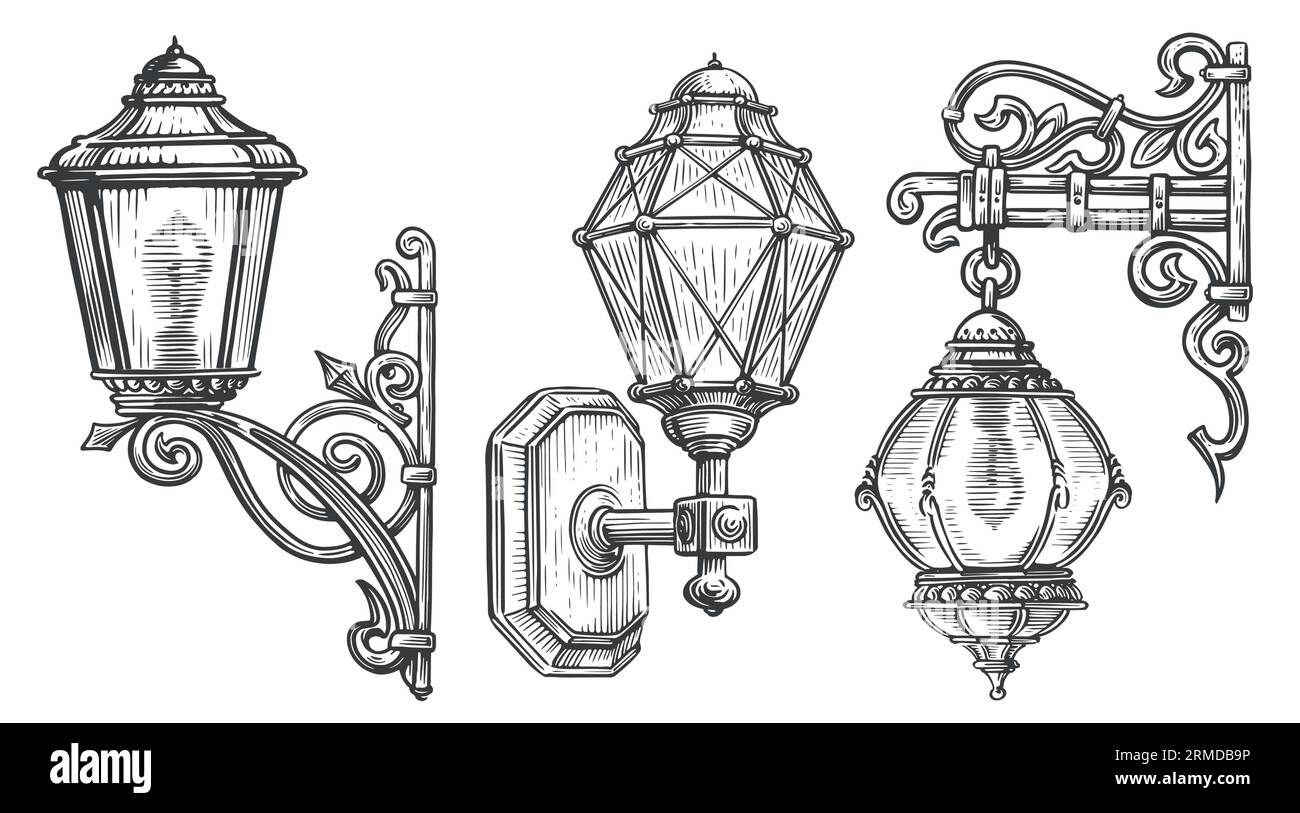 Lampadaire mural ancien. Style de gravure d'illustration vectorielle esquisse de lanterne vintage Illustration de Vecteur