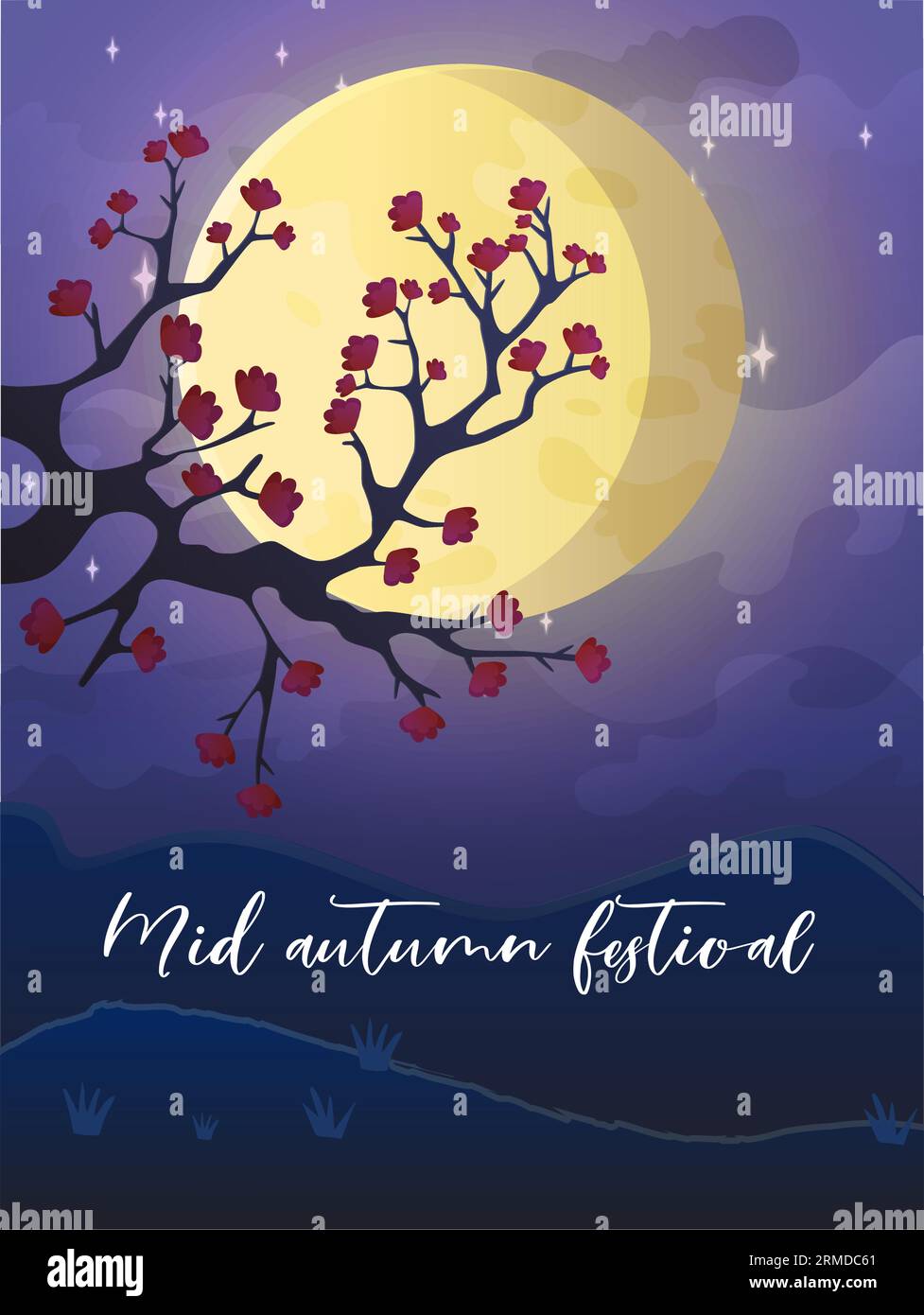 Mignon joyeux mi-automne bannière de festival. Avec lapin volant, arbre en fleurs et lanterne chinoise dans le ciel nocturne avec la pleine lune. Illustration de fête chinoise Illustration de Vecteur