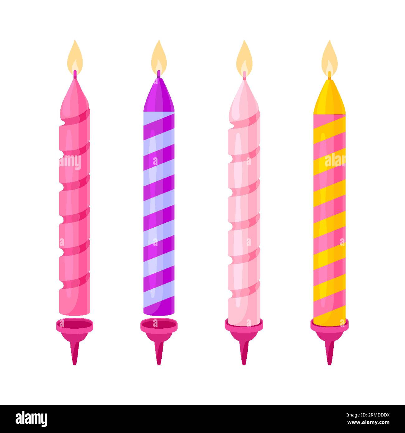 Ensemble plat à rayures torsadées de bougie d'anniversaire de vacances. Brûle flamme mèche de cire bougie gâteau support rose violet jaune décoratif élément de salutation dessin animé mignon objet de fête icône autocollant festif isolé Illustration de Vecteur