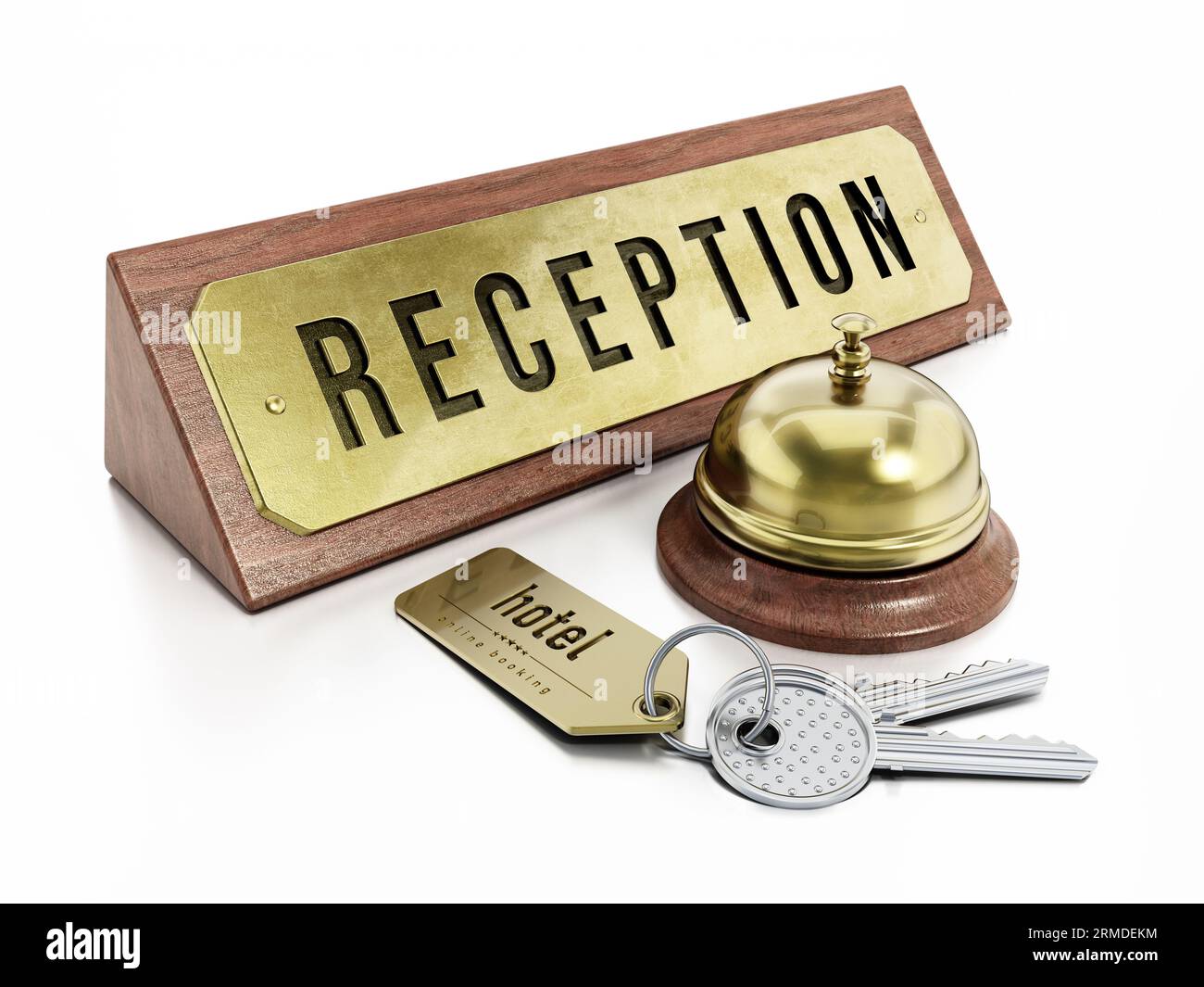 Panneau de réception de l'hôtel, sonnette de service et clés de chambre  isolés sur fond blanc. Illustration 3D Photo Stock - Alamy