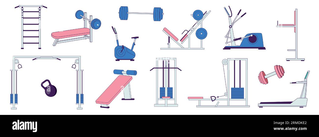 Machines de sport d'entraînement. Appareils de fitness avec haltères, haltères et tapis, vélo de course et cross trainer. Jeu de vecteurs Illustration de Vecteur