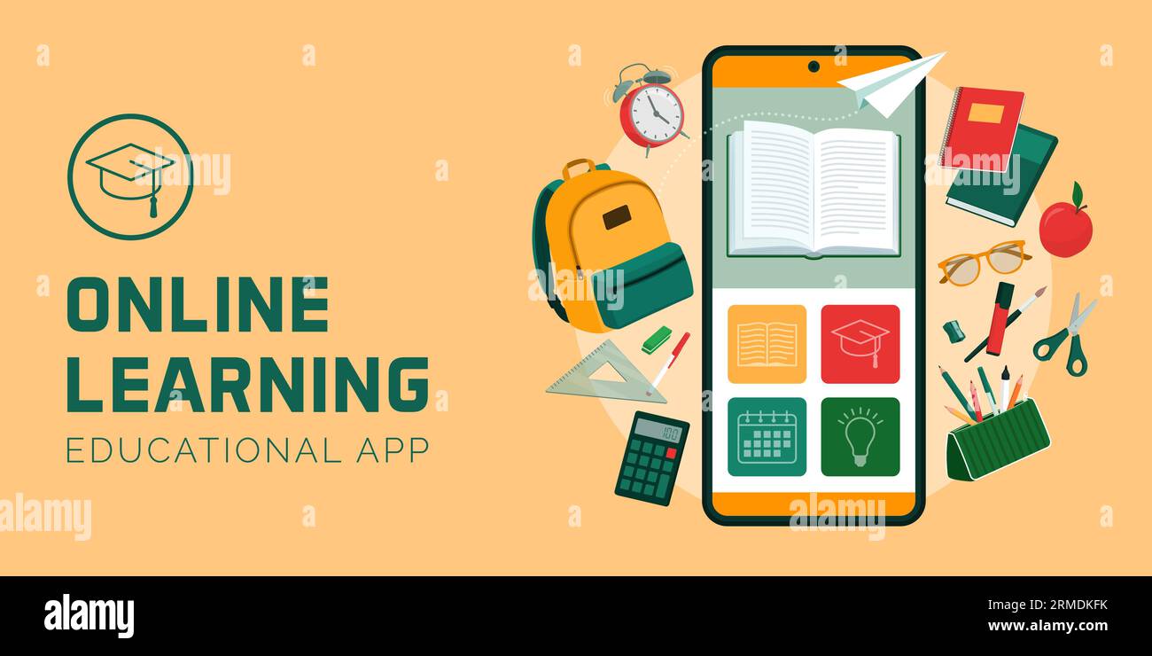 Application d'apprentissage en ligne sur smartphone et équipement scolaire, bannière avec espace de copie Illustration de Vecteur