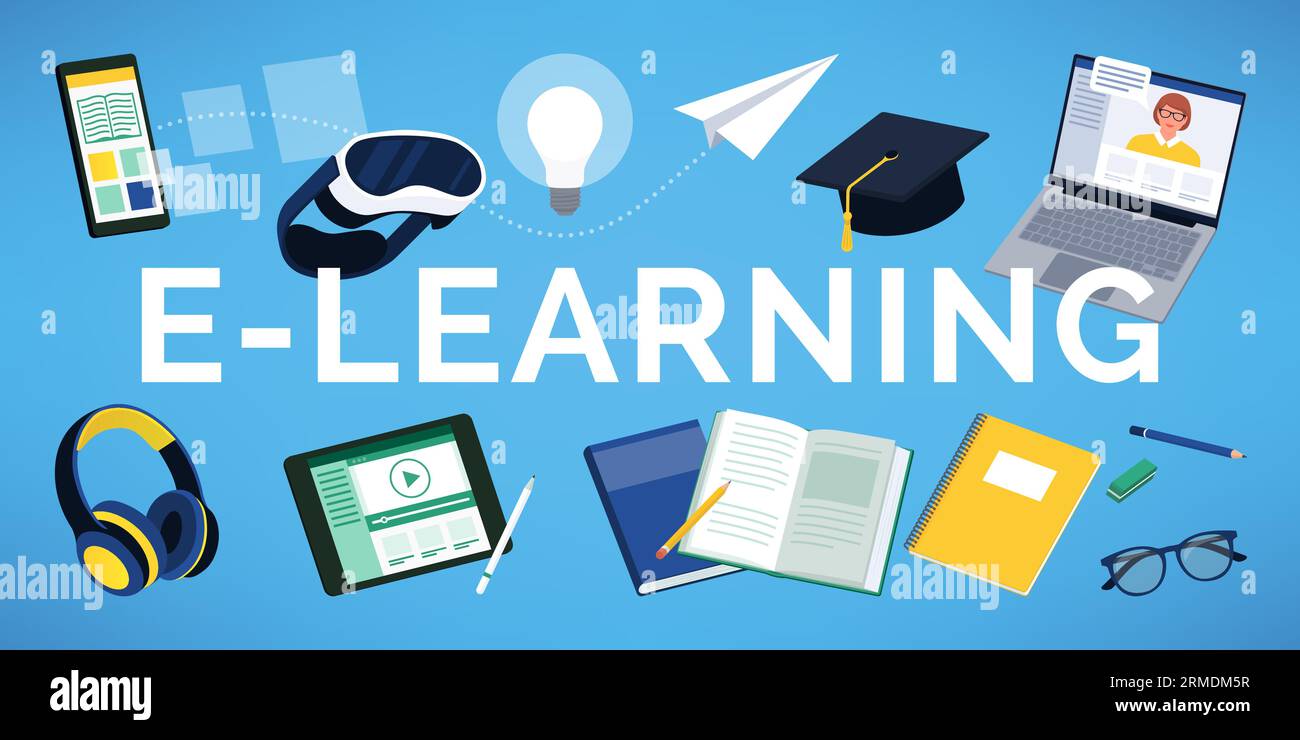 E-learning texte entouré d'appareils et d'équipements scolaires, concept d'apprentissage et d'éducation Illustration de Vecteur