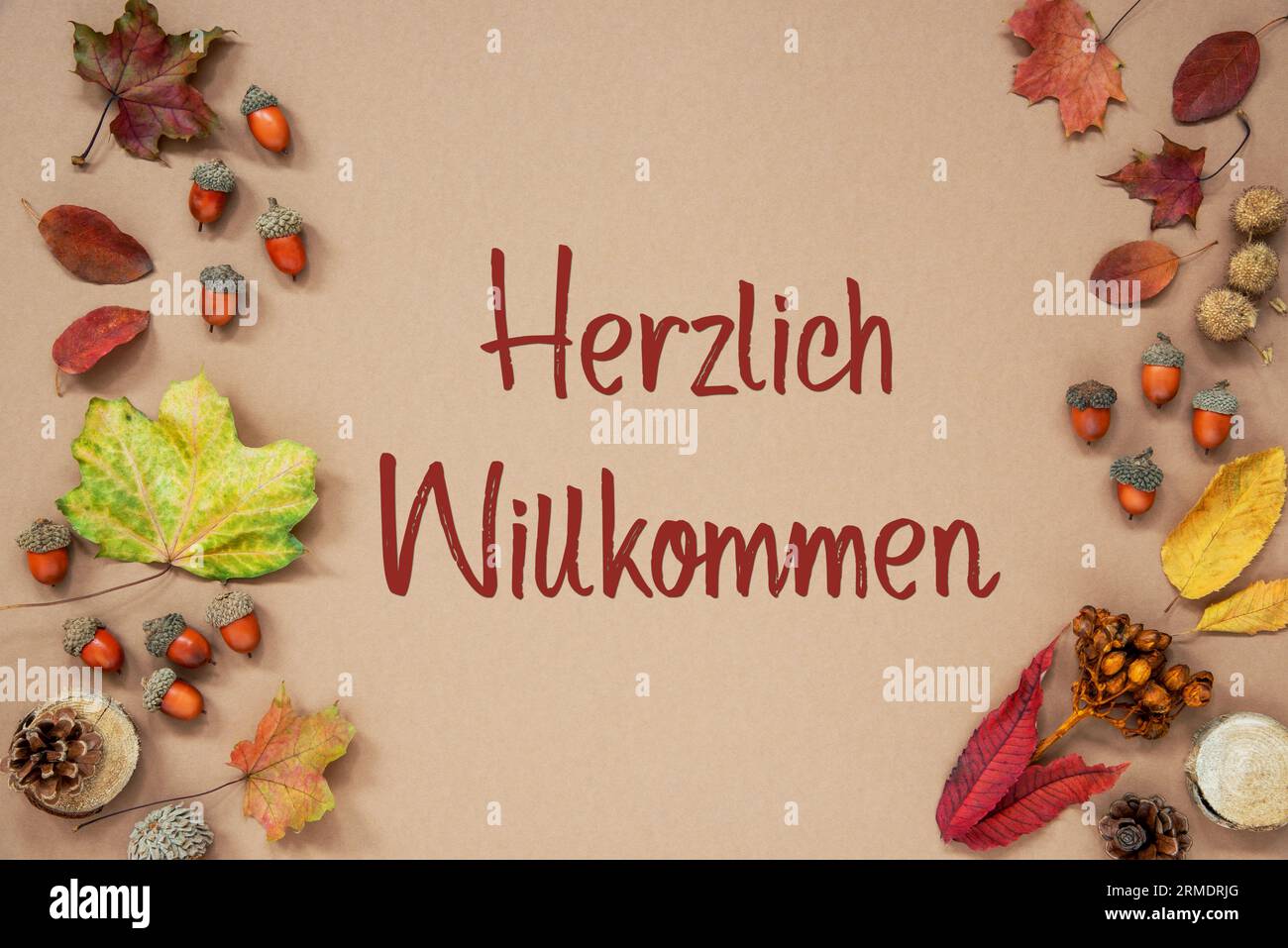 Fond d'automne avec texte Herzlich Willkommen Banque D'Images