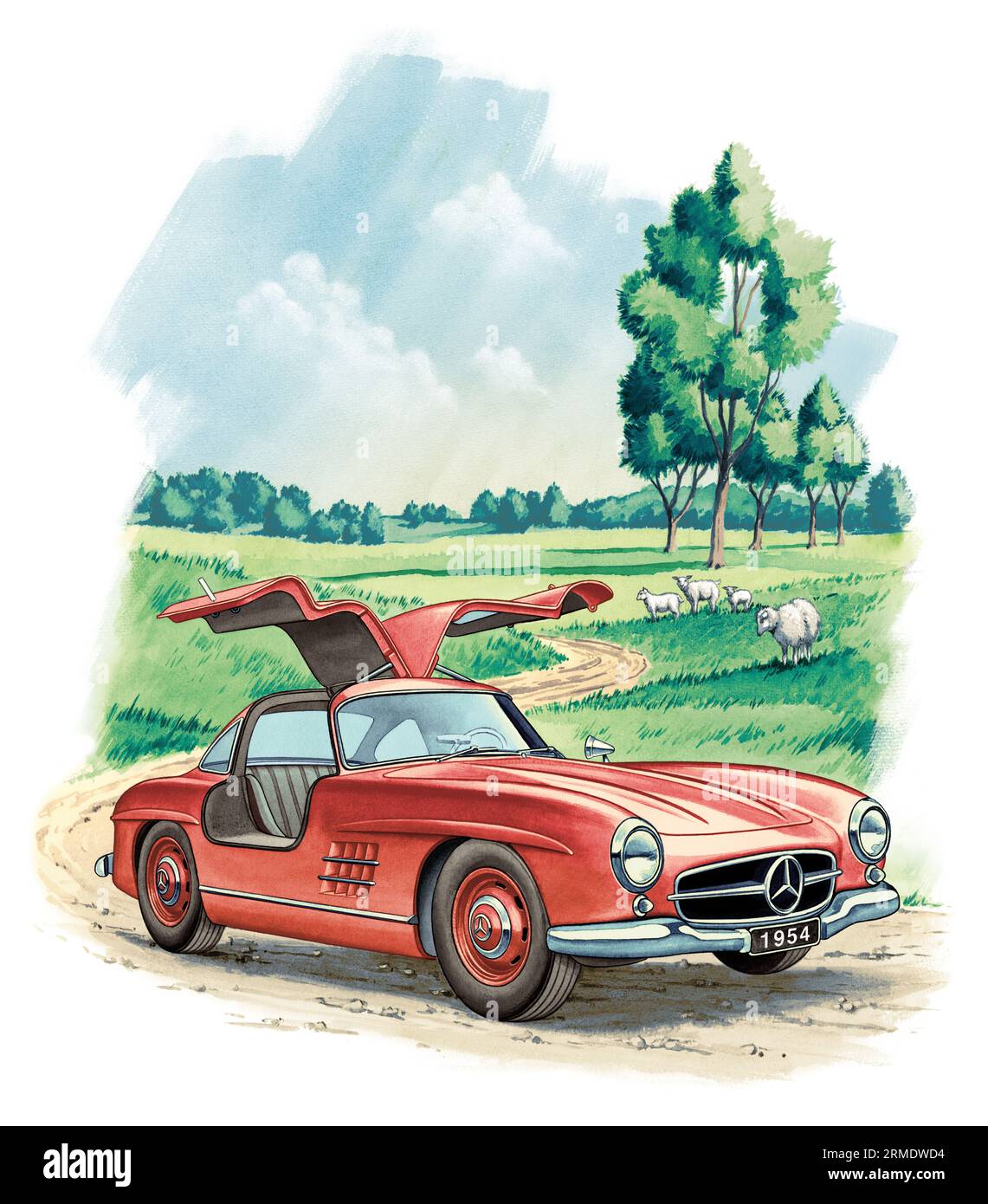 Illustration nostalgique d'un coupé Mercedes Benz 300 SL rouge devant un pré avec un troupeau de moutons. Banque D'Images