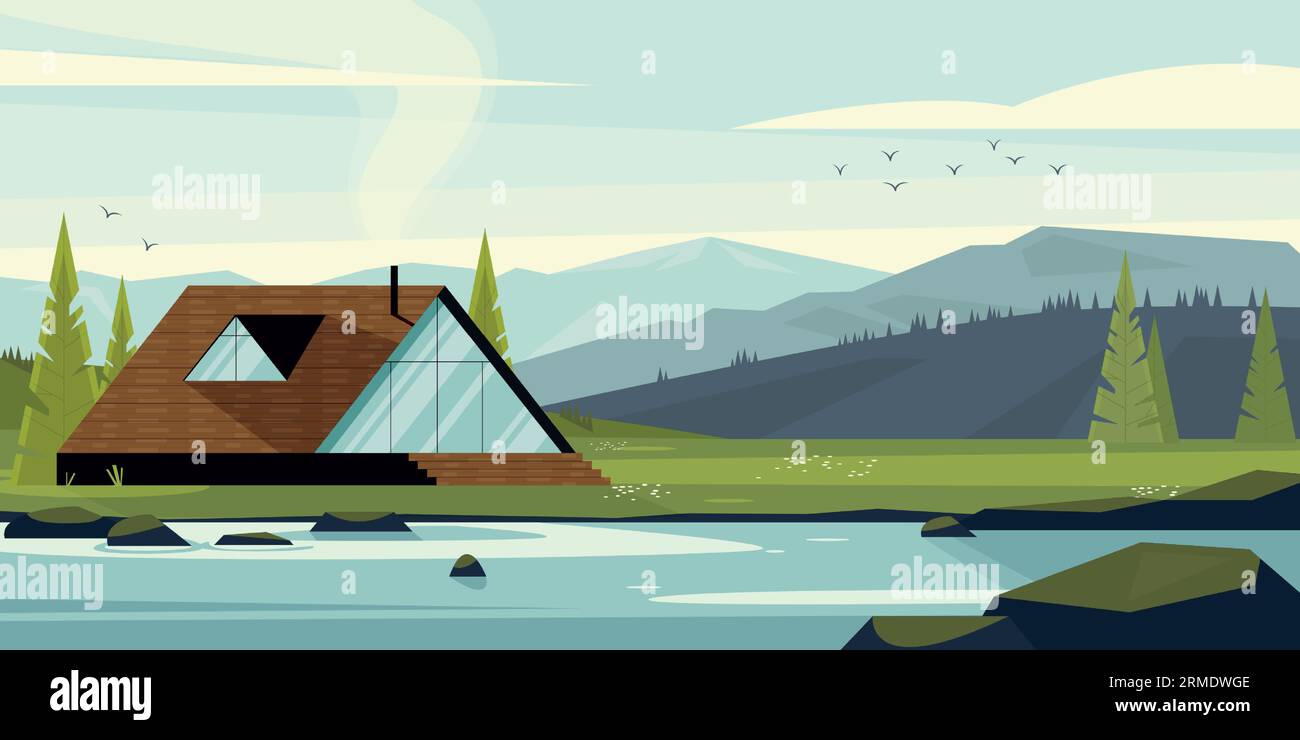 Maison moderne dans le paysage de bois. Cottage de dessin animé en forêt, a-frame dans le parc et le lac, maison rurale avec cabine et bateau. Paysage vectoriel Illustration de Vecteur