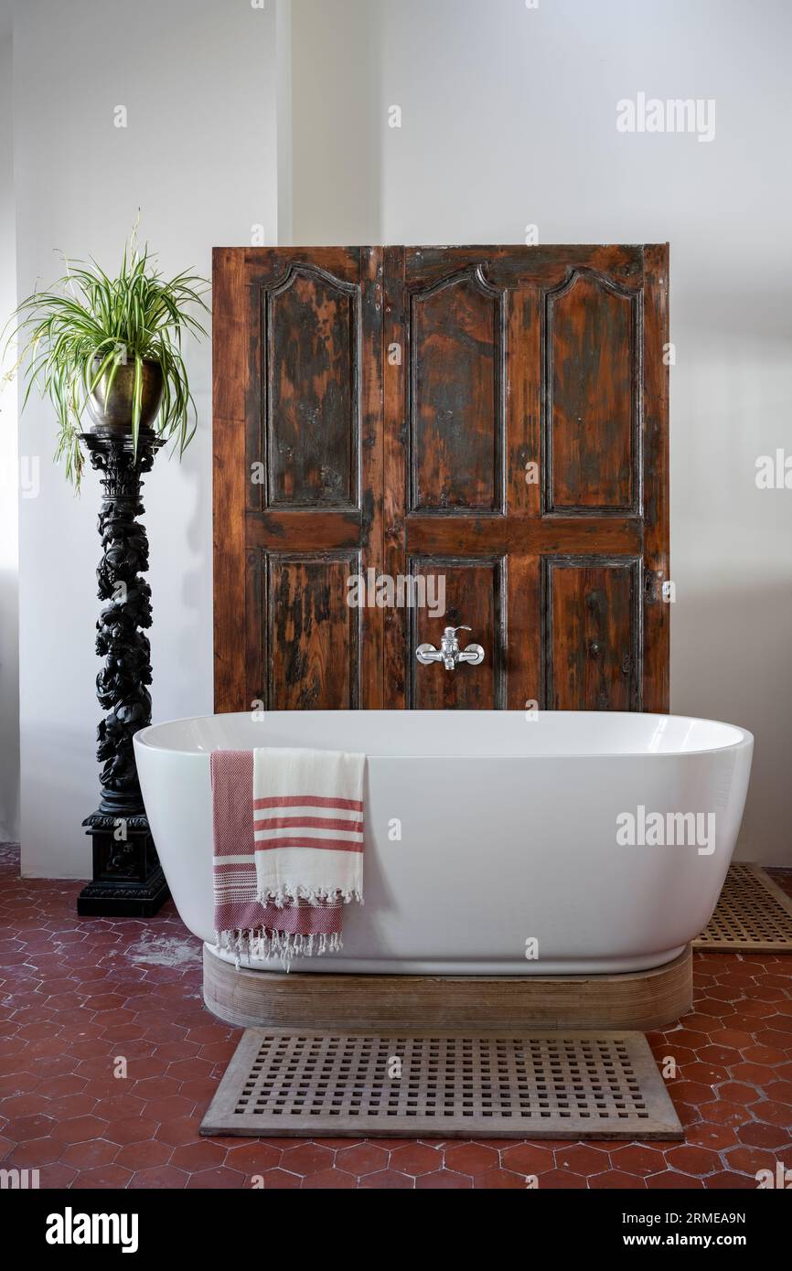 Les portes en bois récupérées cachent la douche avec plante d'araignée (Chlorophytum comosum) sur la torchère ornée dans la salle de bains Cotignac, Var, France. Banque D'Images