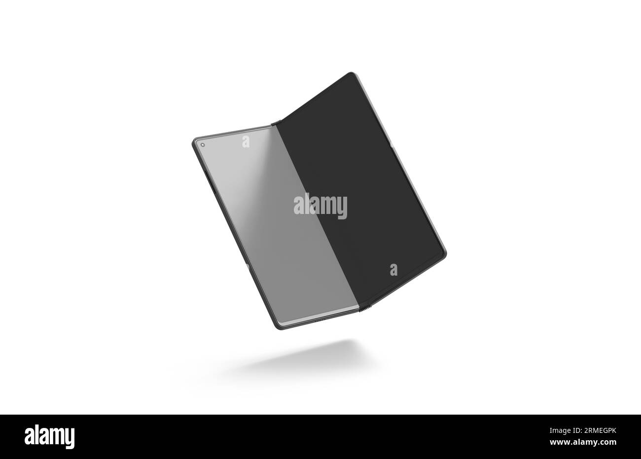 Maquette à moitié ouverte d'affichage de téléphone de livre flexible noir vierge, isolée Banque D'Images