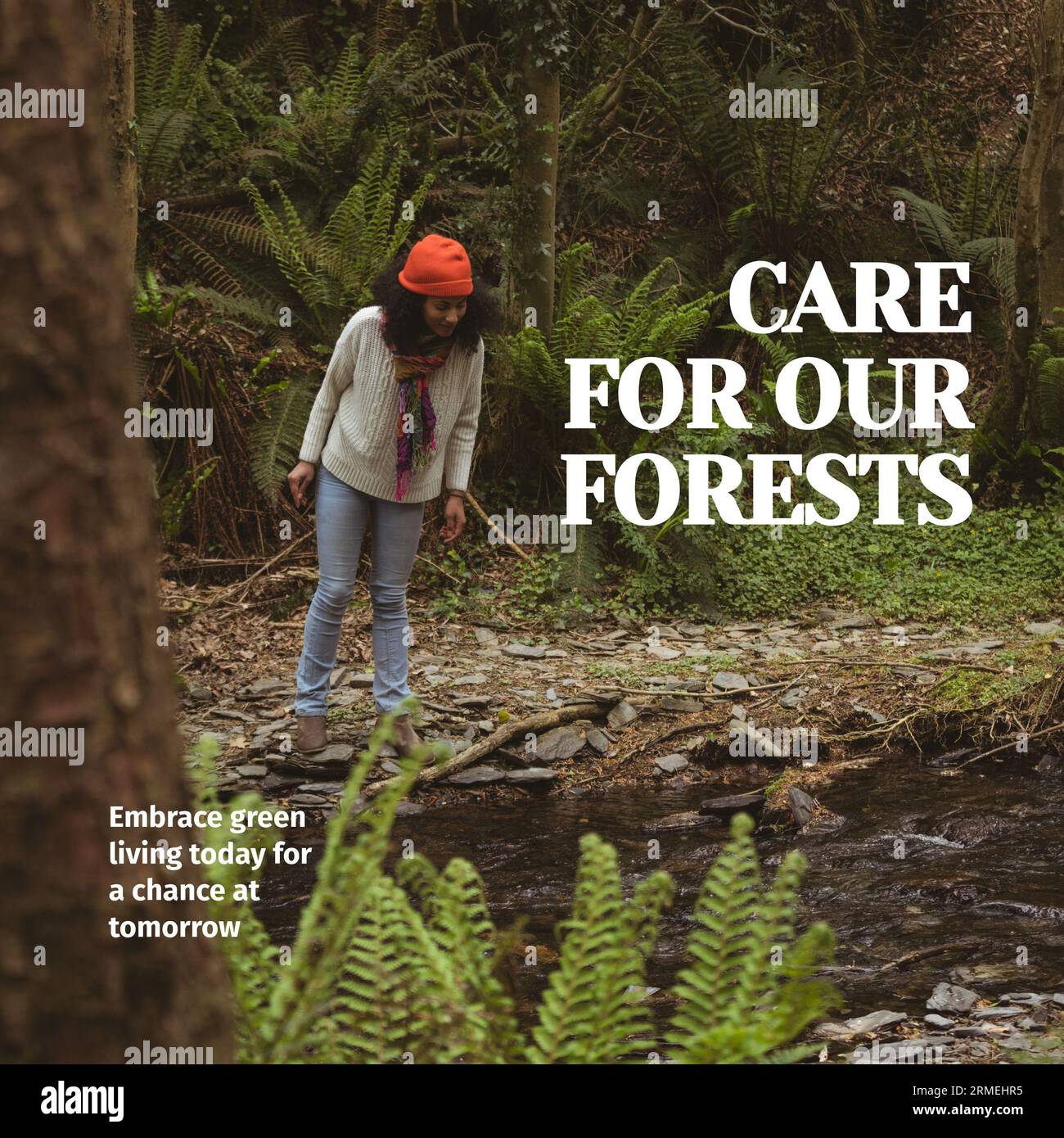 Composite de soin pour notre texte de forêts et femme biracial debout au milieu des plantes et des arbres dans les bois Banque D'Images