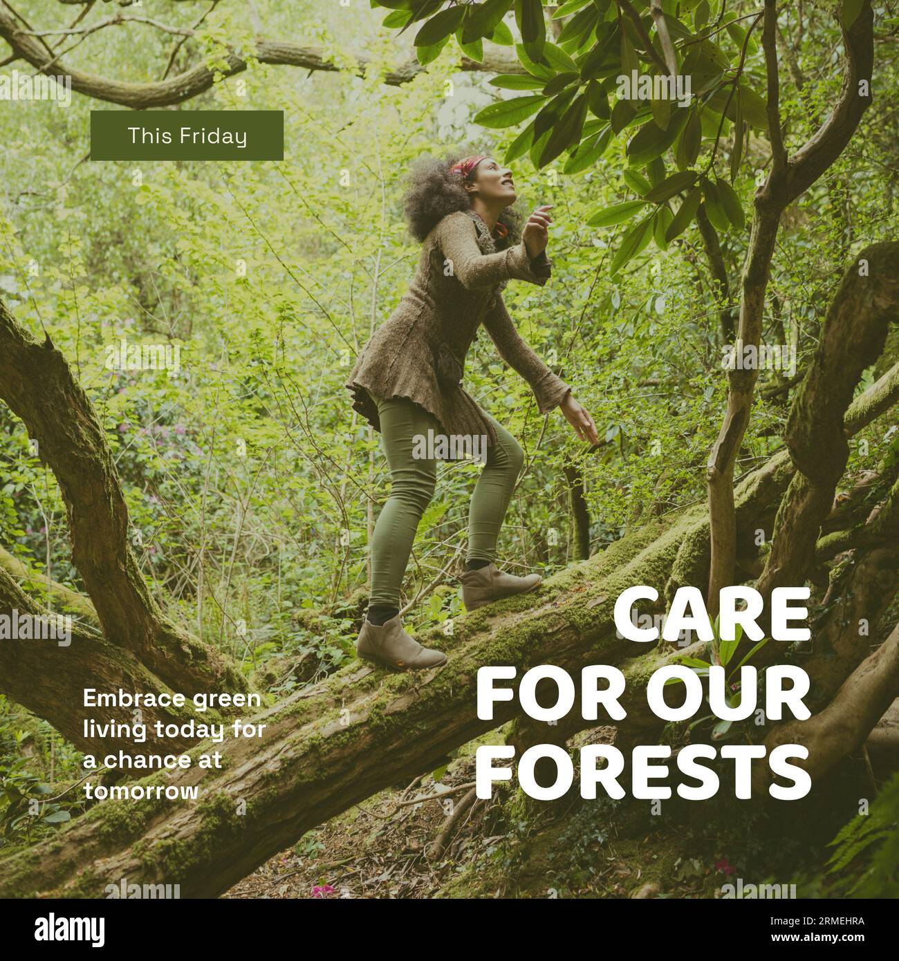 Composite de ce vendredi, soins pour nos forêts texte et femme biracial grimper sur l'arbre dans les bois Banque D'Images