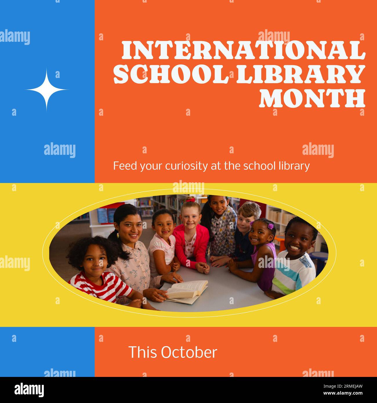 En octobre, le texte du mois international des bibliothèques scolaires et divers enseignants enseignant aux enfants. Composite, sourire, nourrir votre curiosité à l'école libra Banque D'Images