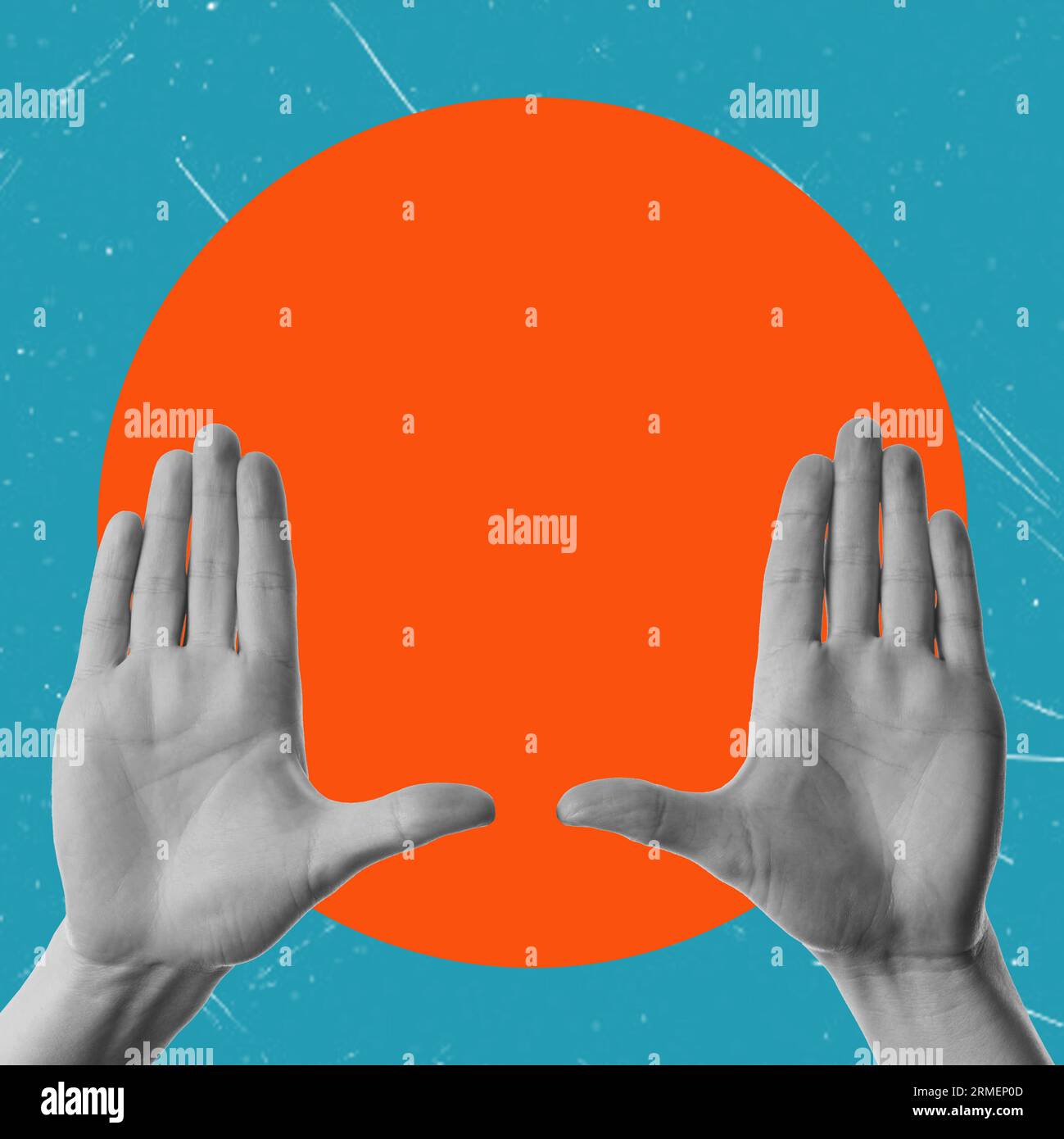 Art Collage, palmiers dans un cercle orange. Concept de travail d'équipe. Banque D'Images