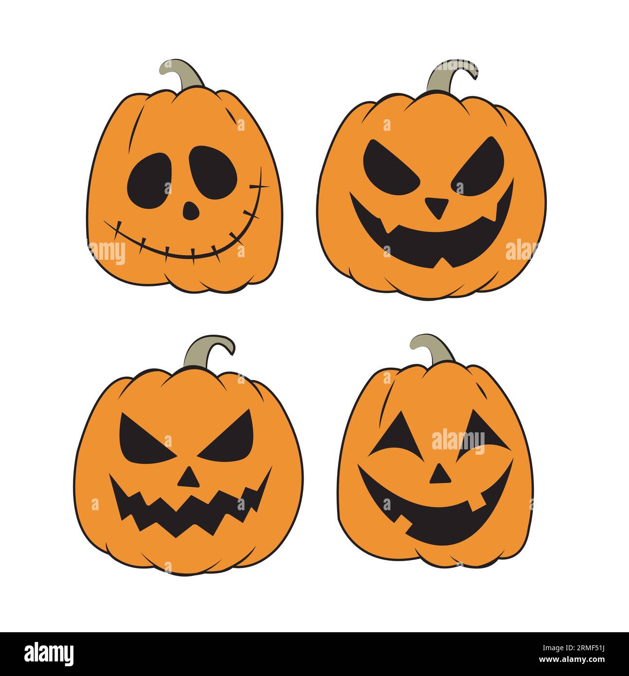 Quatre citrouilles d'halloween avec des visages différents sur un fond blanc Illustration de Vecteur