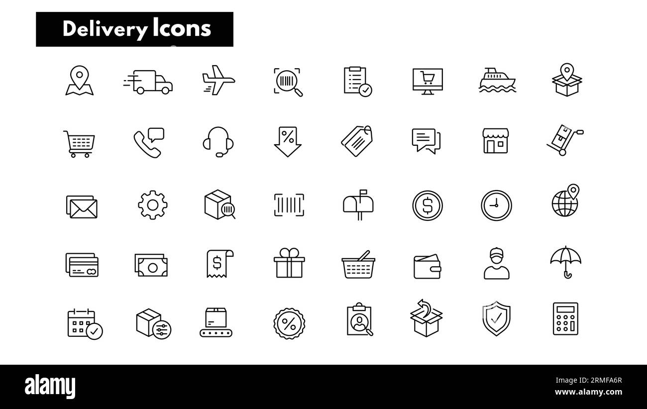 Icônes de livraison d'achats en ligne, icônes d'expédition de commerce électronique, icônes d'exécution de commande, icônes de livraison de colis, icônes de livraison de panier d'achat. Illustration de Vecteur