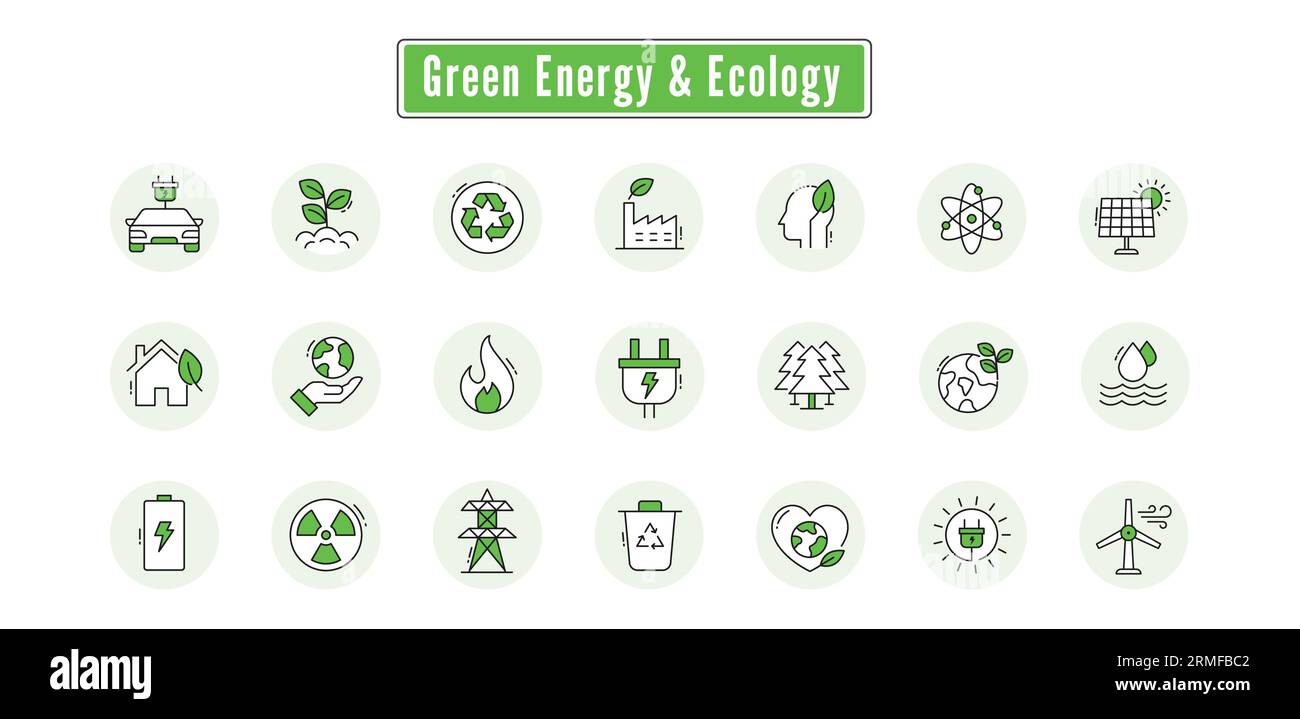 Icônes vertes d'énergie et d'écologie : icônes vectorielles de haute qualité avec trait et couleurs modifiables. Illustration de Vecteur