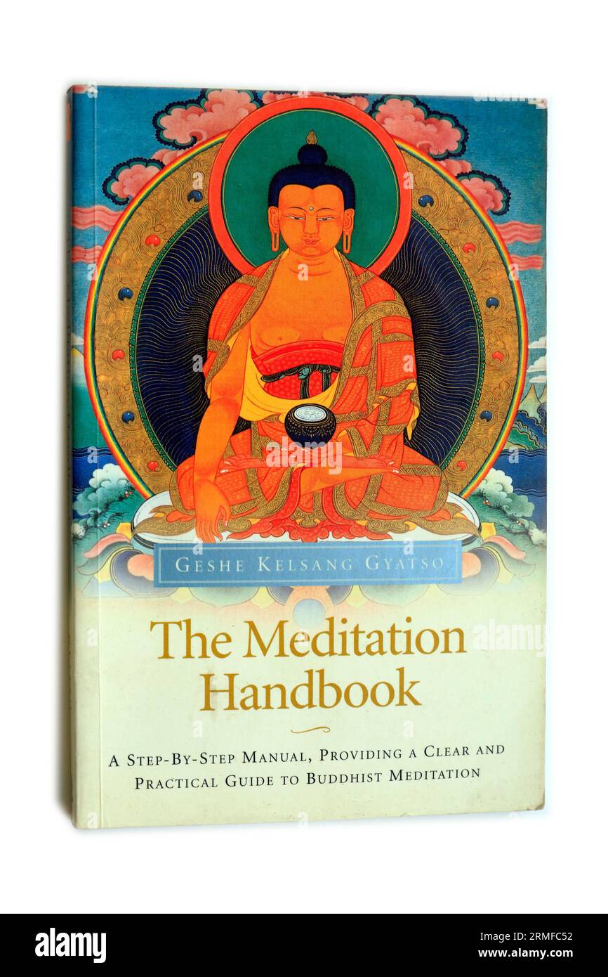 Le Manuel de méditation. Un manuel étape par étape. Geshe Kelsang Gyatso. Couverture de livre sur fond blanc. Banque D'Images