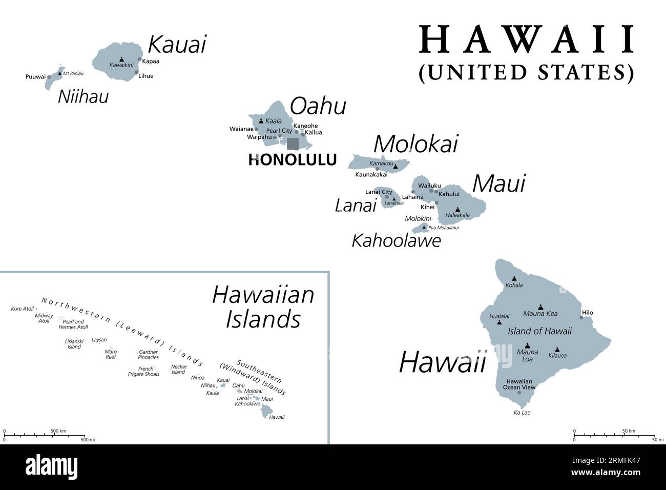 Îles Hawaii, carte politique grise. Archipel de 8 îles volcaniques majeures, plusieurs atolls et de nombreux îlots plus petits dans l'océan Pacifique Nord. Banque D'Images