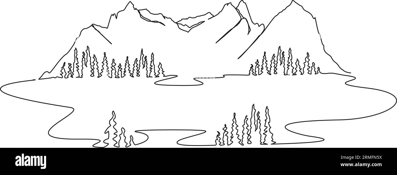dessin continu à une seule ligne de beau paysage de montagne avec lac, illustration vectorielle d'art de ligne Illustration de Vecteur