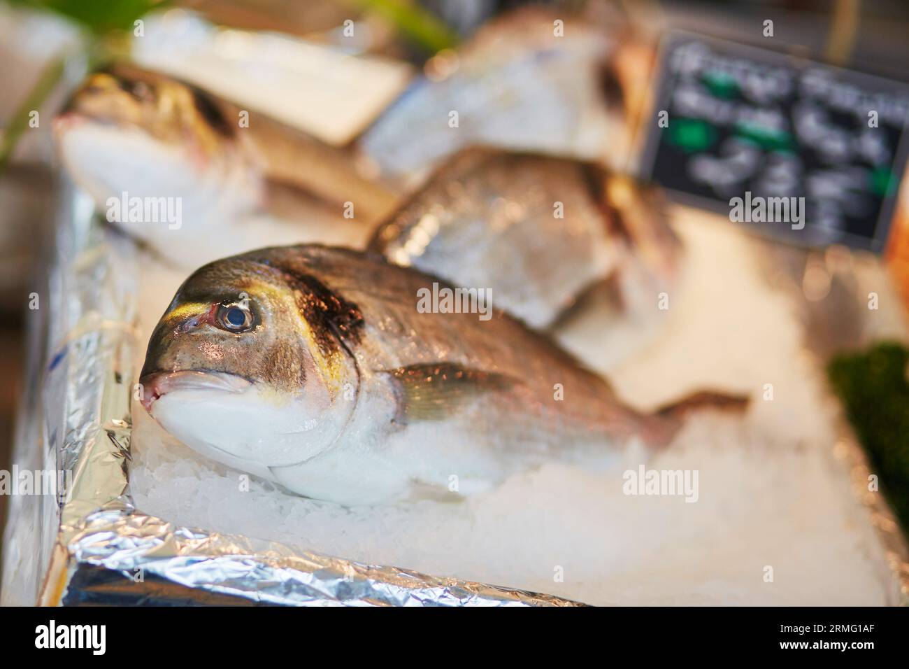 Beaucoup de vivaneaux sur le marché aux poissons à Paris, France Banque D'Images