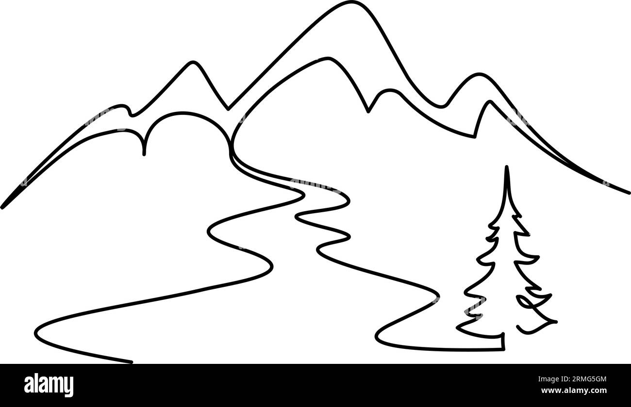 Paysage de montagne dessiné à la main dessin continu d'une ligne style minimaliste. Montagnes, rivière et sapin. Enseigne de voyage et de tourisme. Illustration de Vecteur