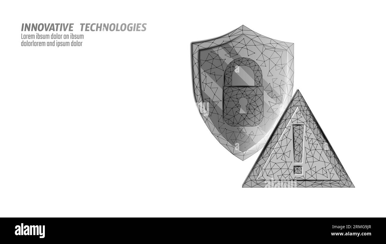 Bouclier de sécurité contre les cyber-points d'exclamation bas. Polygonal Geometric Guard attention virus Alert Internet Attack warning antivirus. Blanc gris Illustration de Vecteur