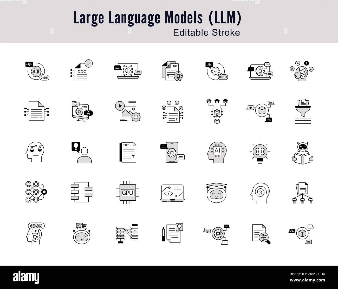 Jeu d'icônes de ligne de concepts de modèle de langue : ai, NLP, machine Learning. Icônes de contour modifiables. Illustration de Vecteur