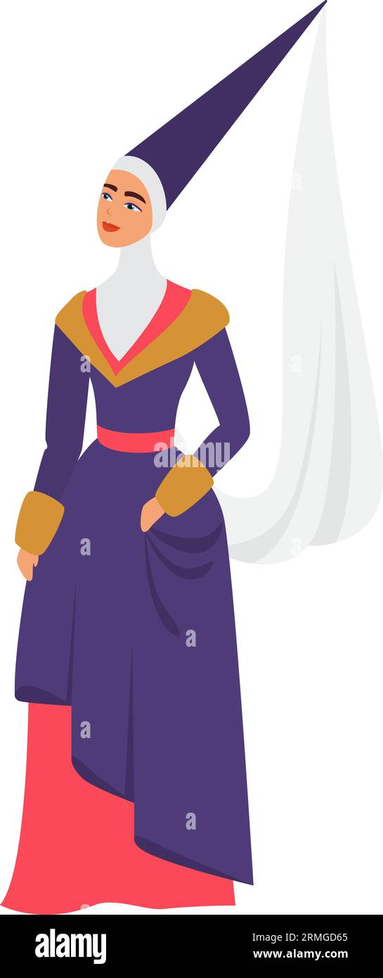 Princesse de mode médiévale. Robes traditionnelles dans l'illustration vectorielle de dessin animé de la société médiévale Illustration de Vecteur