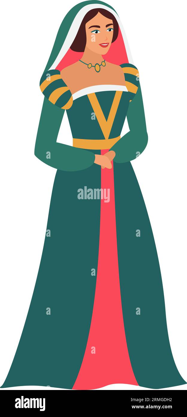 Femme médiévale dans des vêtements de luxe. Les femmes s'habillant dans l'illustration vectorielle de dessin animé de la société médiévale Illustration de Vecteur